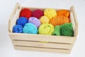 Colorful woolen balls of yarn. Balls of yarn are in the basket. Needlework. Royalty Free Stock Photo