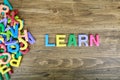 The colorful word `LEARN` next to a pile of other letters