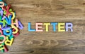 The colorful word `LETTER` next to a pile of other letters