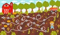 Colorful word maze for kids with english farming themed words in cartoon style with harvesting, farming, scarecrow