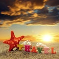 Colorful word Travel and sea shell with starfish on the tropical sand beach at sunset. Royalty Free Stock Photo