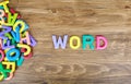 The colorful word `WORDS` letters over the old wood board