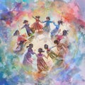 A colorful work of art showing children from all over the world dancing exuberantly symbolizes unity and joy on Royalty Free Stock Photo