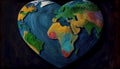 Colorful world map in the shape of a heart on dark background. Earth\'s Time Concept. Generative AI