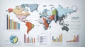 Colorful world map with various statistical data and charts