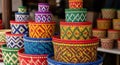 Colorful woven baskets stacked varying sizes patterns Royalty Free Stock Photo