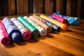 colorful wrapping paper rolls on wooden table