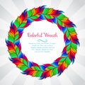 Colorful wreath of rainbow feathers