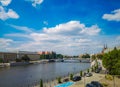 Wroclaw cityscape with river, bridge and cloudy sunny day