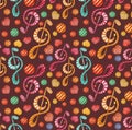 Colorful watercolor music notes seamless pattern on dark background. Royalty Free Stock Photo