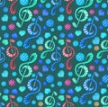 Colorful watercolor music notes seamless pattern on dark background. Royalty Free Stock Photo