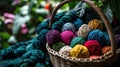 colorful yarn balls in basket and colorful balls in it Royalty Free Stock Photo