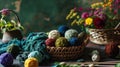 colorful yarn balls in basket and colorful balls in it Royalty Free Stock Photo