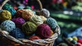 colorful yarn balls in basket and colorful balls in it Royalty Free Stock Photo