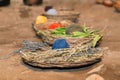 Colorful yarn balls in traditional baskets in Andes Mountains near Cusco Peru Royalty Free Stock Photo