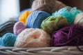 Colorful yarn balls in wicker basket on white Royalty Free Stock Photo