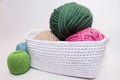 Multi-colored yarn lying in a white basket, crochet