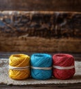 Colorful yarn spools in yellow, blue, and red on rustic wooden background Royalty Free Stock Photo