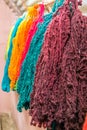 Colorful yarns traditionally made of Llama and Alpaca in Andes Mountains near Cusco, Peru