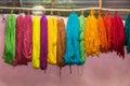 Colorful yarns traditionally made of Llama and Alpaca in Andes Mountains near Cusco Peru