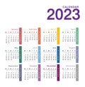 Colorful Year 2023 calendar horizontal vector design template, simple and clean design. Calendar for 2023 on White Background for