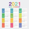 Colorful Year 2021 calendar horizontal vector design template, simple and clean design. Calendar for 2021 on White Background for Royalty Free Stock Photo