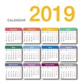 Colorful Year 2019 calendar horizontal vector design template, simple and clean design. Royalty Free Stock Photo