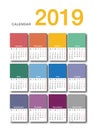 Colorful Year 2019 calendar horizontal vector design template, simple and clean design. Royalty Free Stock Photo