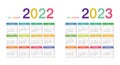 Colorful Year 2022 and Year 2023 calendar horizontal vector design template, simple and clean design. Calendar for 2022 and 2023 o Royalty Free Stock Photo