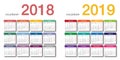 Colorful Year 2018 and Year 2019 calendar horizontal vector design template, simple and clean design Royalty Free Stock Photo