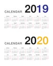 Colorful Year 2019 and Year 2020 calendar horizontal vector design template, simple and clean design. Royalty Free Stock Photo