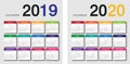 Colorful Year 2019 and Year 2020 calendar horizontal vector design template, simple and clean design. Royalty Free Stock Photo