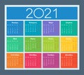 Colorful year 2021 calendar. Russian language. Week starts on Monday