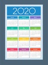 Colorful year 2020 calendar. Week starts on Sunday