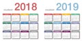 Colorful Year 2018 and Year 2019 calendar horizontal vector design template, simple and clean design Royalty Free Stock Photo