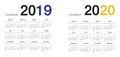 Colorful Year 2019 and Year 2020 calendar horizontal vector design template, simple and clean design. Royalty Free Stock Photo