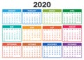 Colorful yearly calendar 2020. Week starts from Sunday. Vector