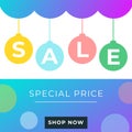 Colorful yellow blue green new year bubles. Shop now button. Sale banner template design. Big sale special offer. Special offer