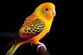 Colorful yellow budgie bird on black background. Generative ai