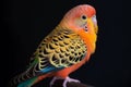 Colorful yellow budgie bird on black background. Generative ai