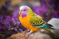 Colorful yellow budgie bird on black background. Generative ai