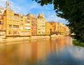 Colorful yellow and orange houses in Girona, Catalonia, Spain. Royalty Free Stock Photo