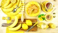 Colorful yellow theme breakfast brunch table setting flatlay.