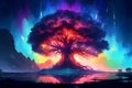 Colorful Yggdrasil with Aurora Polar Lights. AI