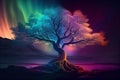 Colorful yggdrasil with aurora polar lights.generative ai