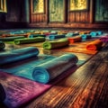Colorful yoga mats on a wooden floor. Generative Ai