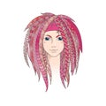 Colorful young girl with patterned zentangle dreadlocks. Ornate hairstyle.