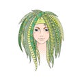 Colorful young girl with patterned zentangle dreadlocks. Ornate hairstyle.