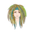 Colorful young girl with patterned zentangle dreadlocks. Ornate hairstyle.