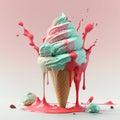 Colorful yummy ice cream with blue and pink splashes melting